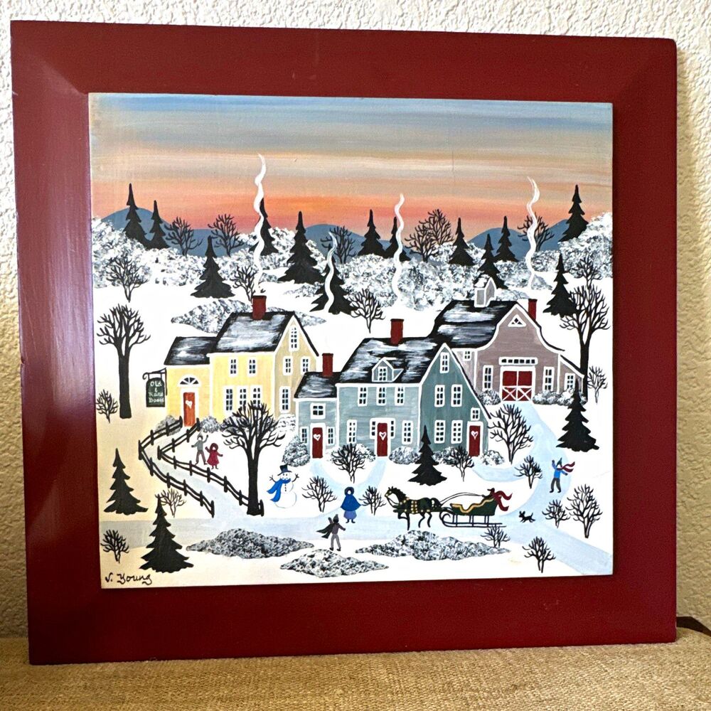 Virginia Young Signed wood Folk Art Winter Village Scene Landscape painting16x16